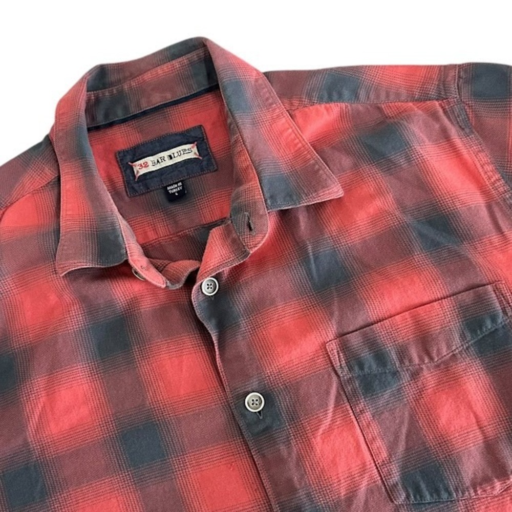 32 Bar Blues Red Gray Check Short Sleeve Button Up Shirt Mens‎ L